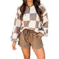 Checkerboard Plaid Long Sleeve Solid Color Shorts 2pcs Set