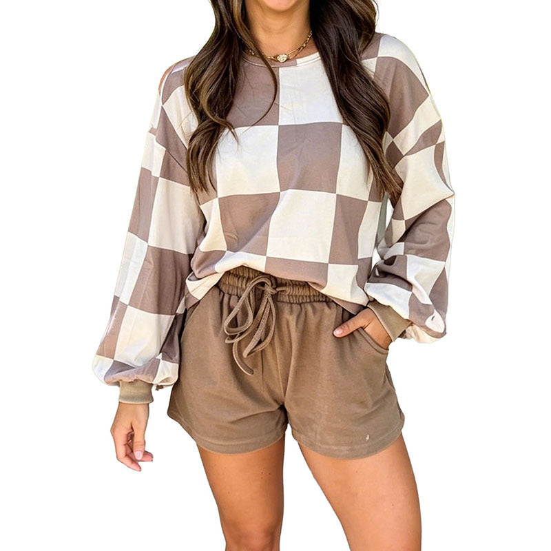 Checkerboard Plaid Long Sleeve Solid Color Shorts 2pcs Set