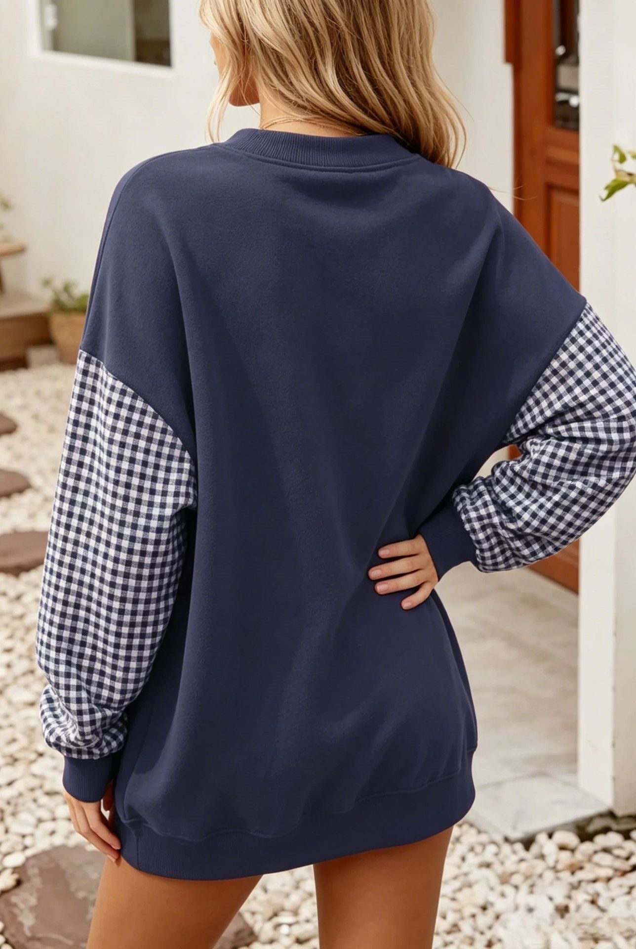 Oversized Gingham Colorblock Long Sleeve Sweatshirt