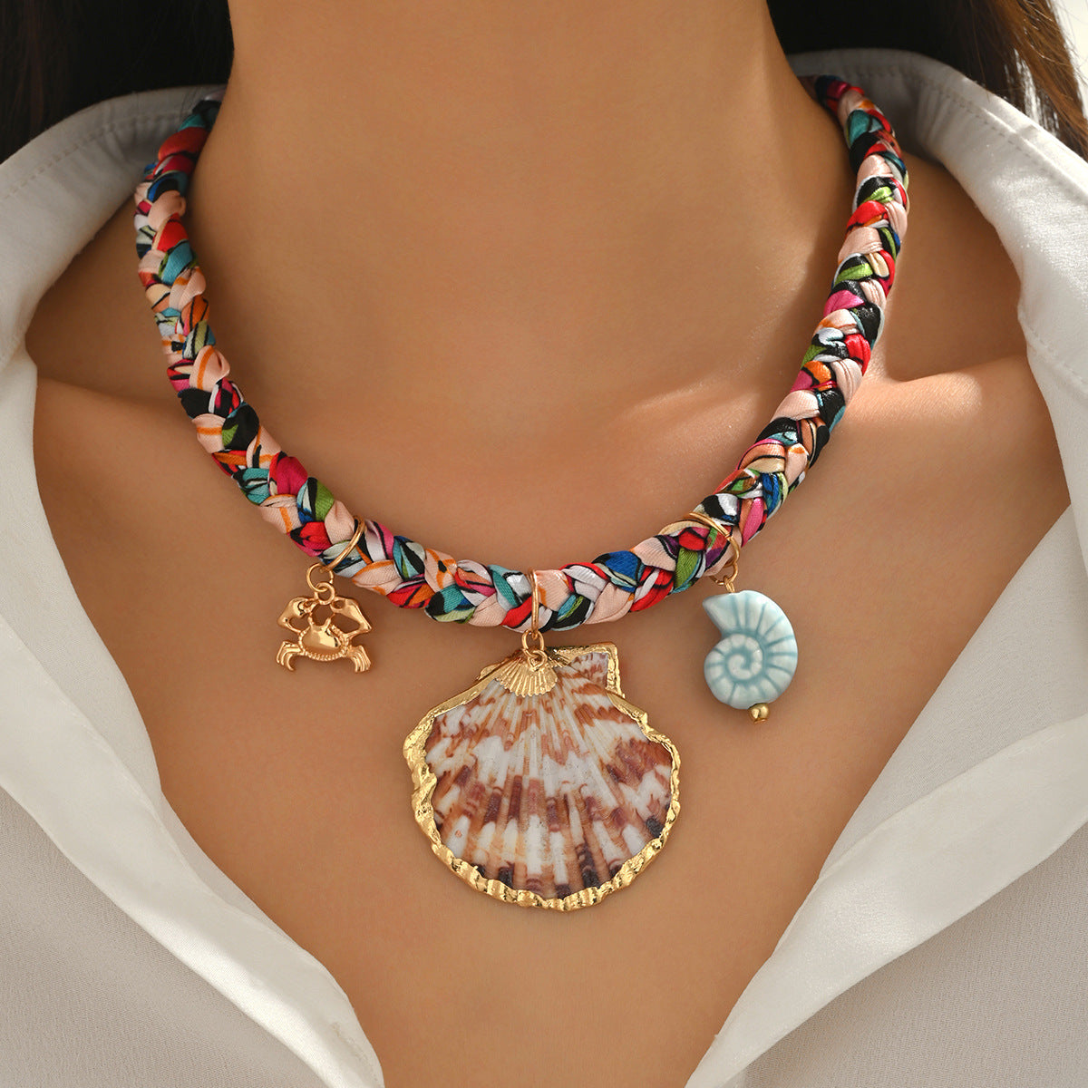 Silk Scarf with Leopard Print Braided Knot Collarbone Chain