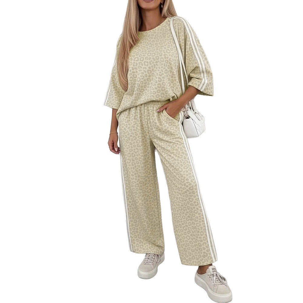 Leopard Print Varsity Striped Detail 3/4 Sleeve Top Shift Pant Set