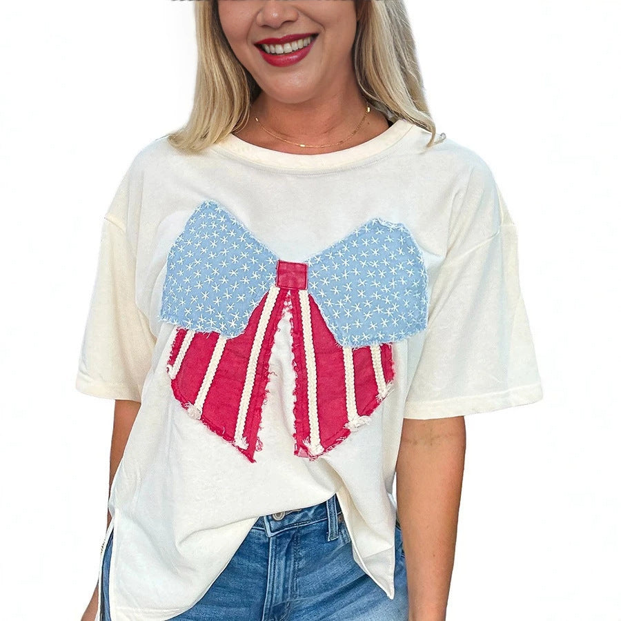 White Loose Knit Vintage Flag Bow Patched T Shirt
