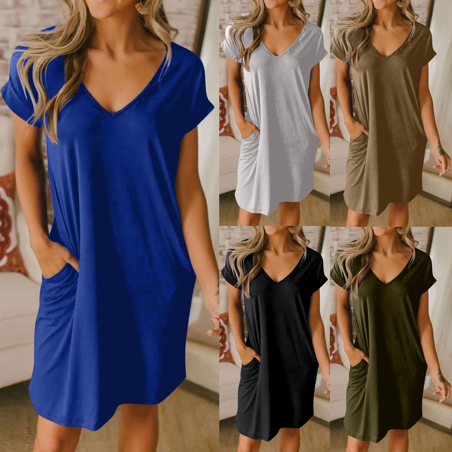 V-neck Short Sleeve Pocket Dress