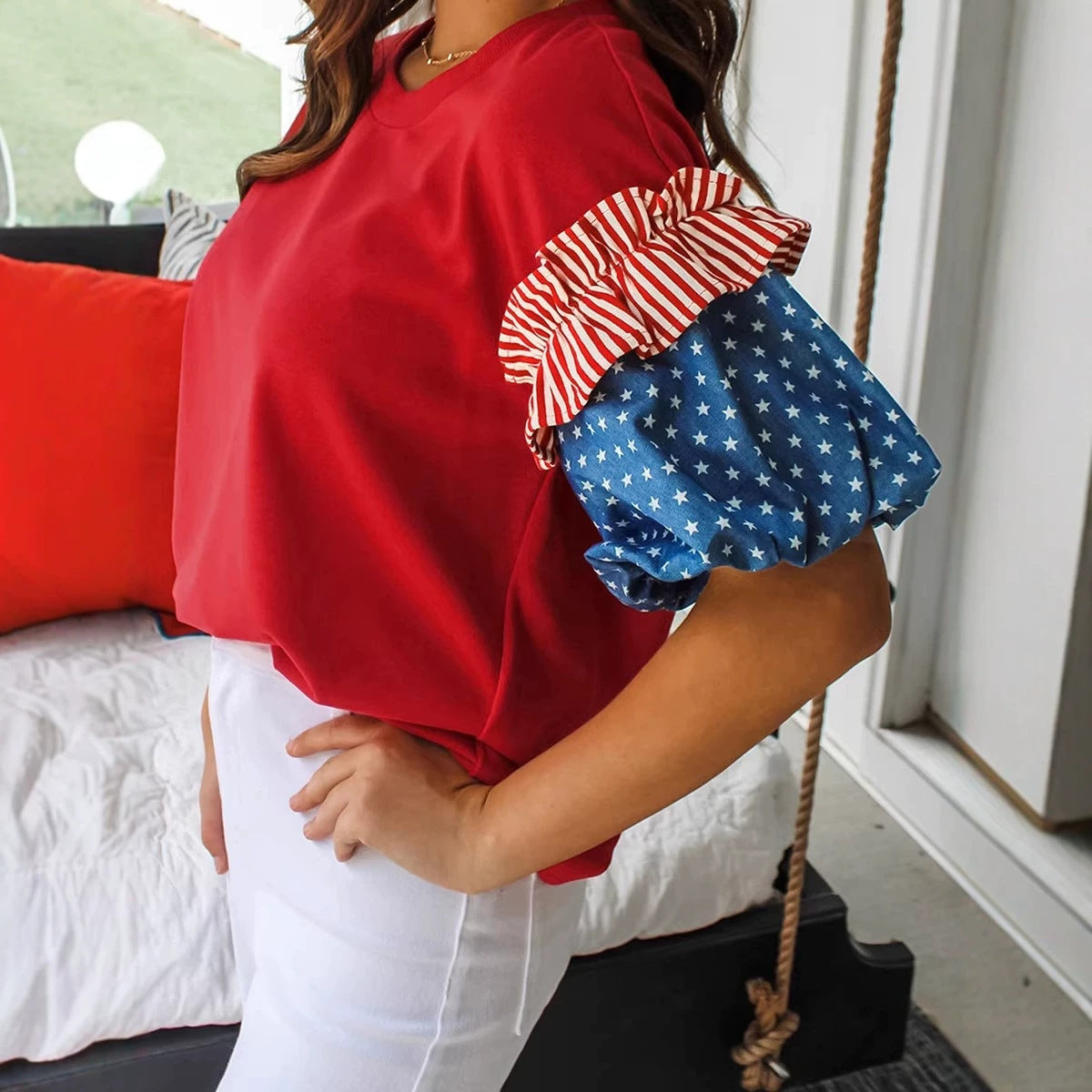 Stars Stripes Short Puff Sleeve Top