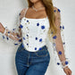 Floral Embroidery Off Shoulder Lantern Sleeve Curved Hem Top