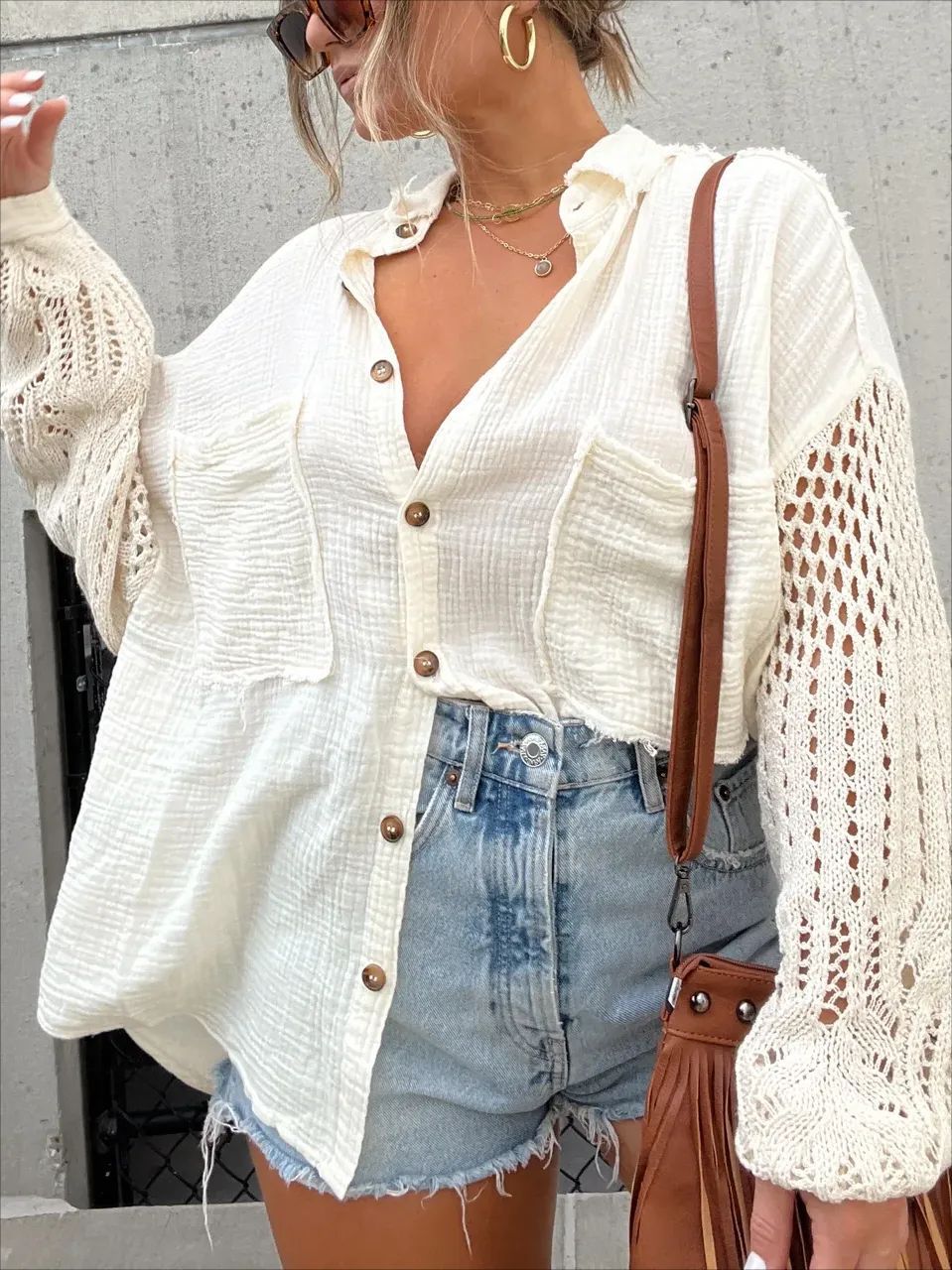 Boho Crochet Sleeve Shacket