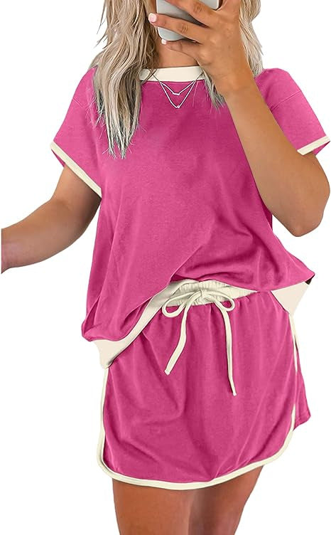 2Pcs Set Colorblock Edge Drop Shoulder T Shirt and Skirt