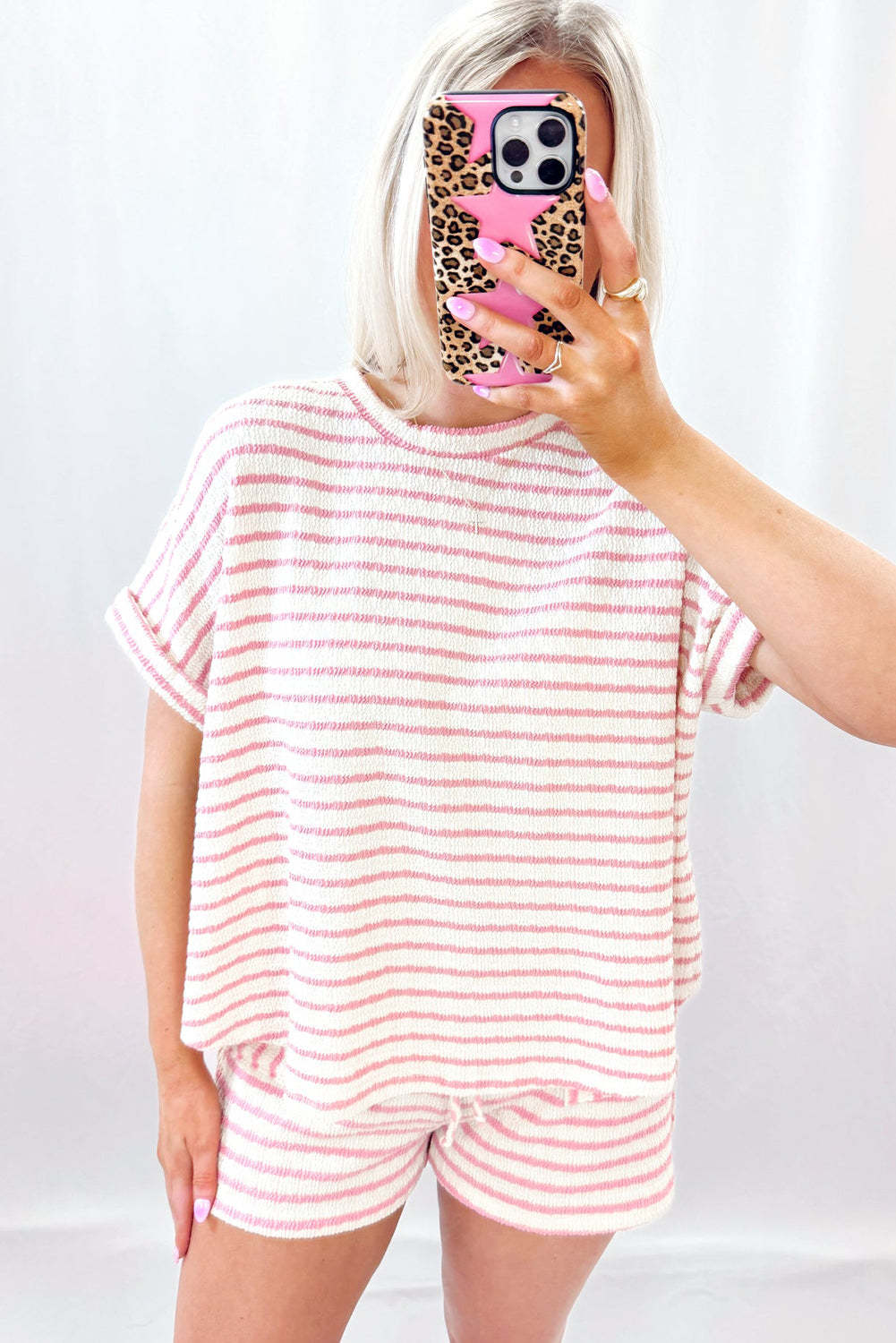 Stripe Knitted Short Sleeve Top and Drawstring Shorts Set