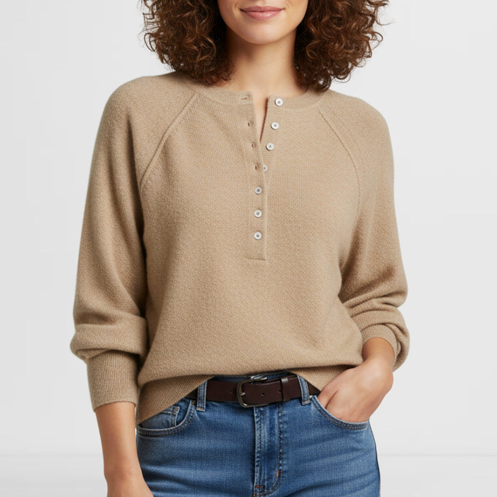 Crew Neck Button Front Knit Pullover