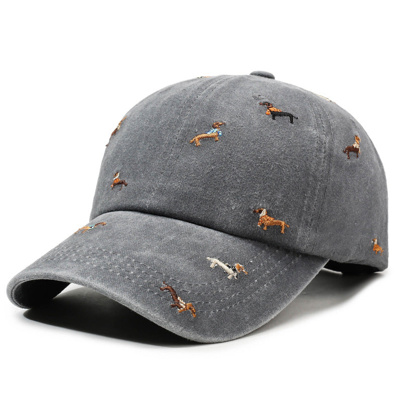 Vintage Distressed Baseball Cap with Puppy Embroidery