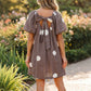 Brown Polka Dot Print Knot Back Short Puff Sleeve Loose Mini Dress