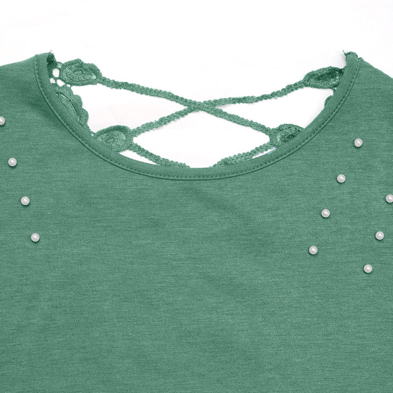 Pearl Decor Lace Applique T Shirt