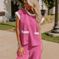 Color Block Pocketed T Shirt and Wide Leg Pants Set