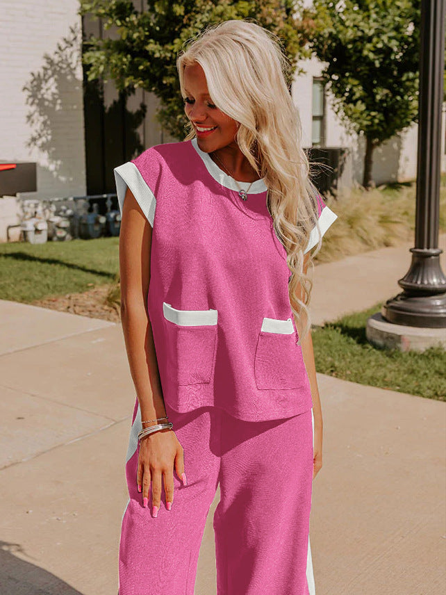 Color Block Pocketed T Shirt and Wide Leg Pants Set