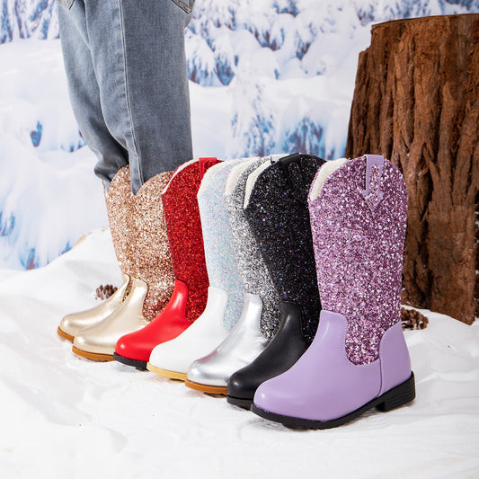 Kid Sequined Velvet Warm Round Toe Boots