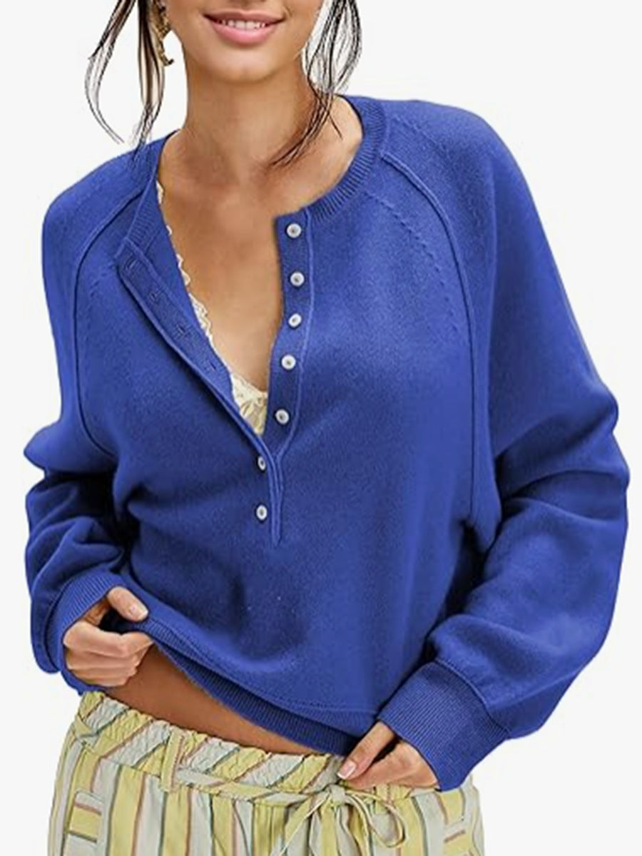 Crew Neck Button Front Knit Pullover