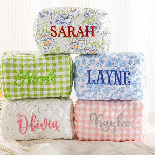 Custom Embroidered Floral Quilted Cosmetic Bag
