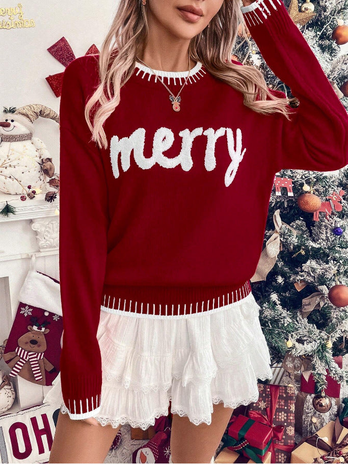 Merry Festive Knit Sweater  Casual Holiday Crewneck Pullover Top