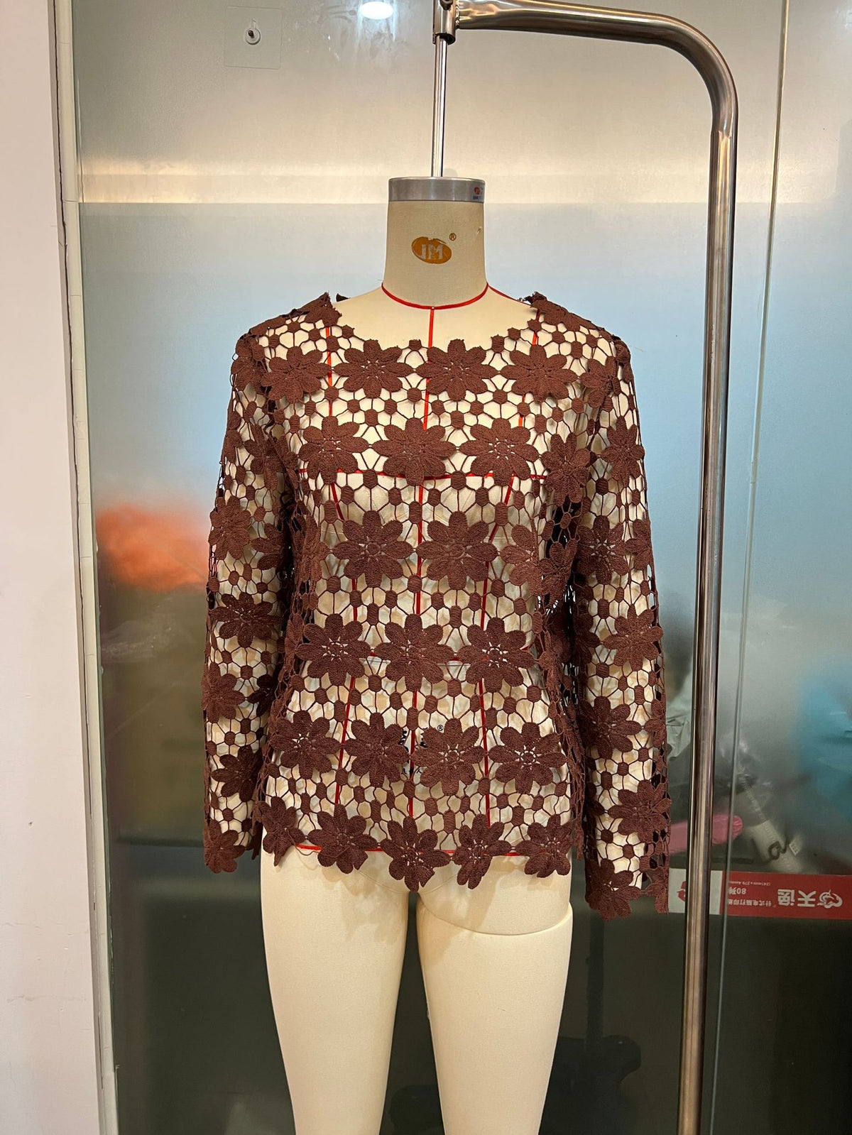 Floral Crochet Cutout Long Sleeve Blouse