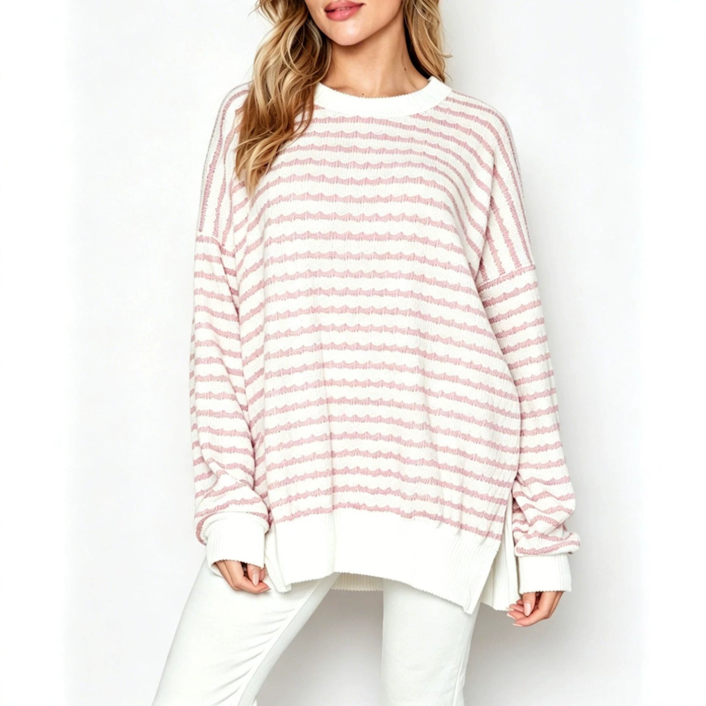 Bubble Poly Cotton Stripe Tunic with Side Slit