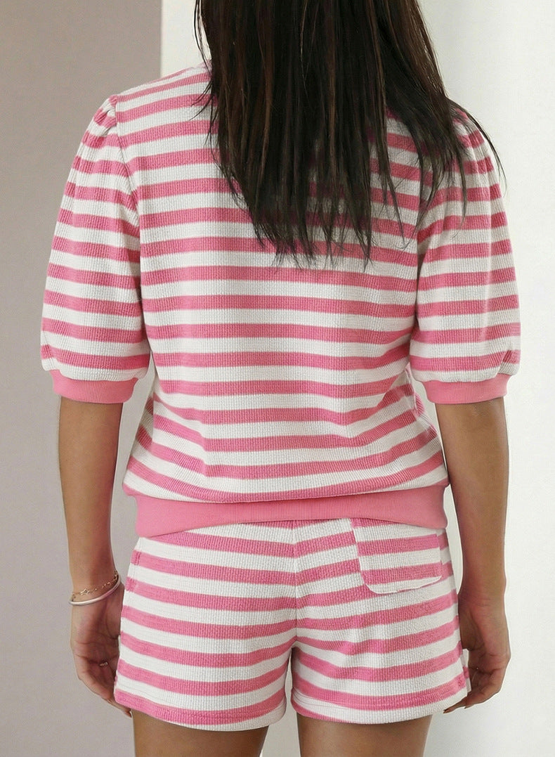 Stripe Puff Short Sleeve T Shirt Matching Shorts Set