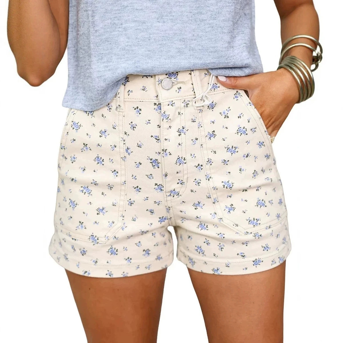 White Floral Casual Cute Denim Shorts