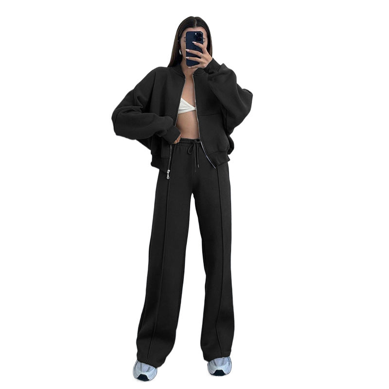 Women's Zippered Cardigan Sweatshirt and Straight Pants Suit
