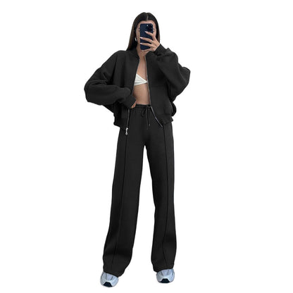 Women's Zippered Cardigan Sweatshirt and Straight Pants Suit