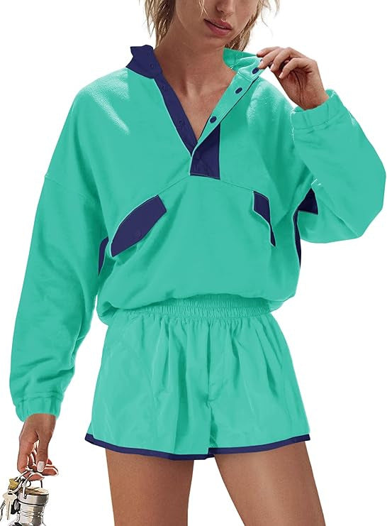 Contrast Color Stitching Long-sleeved Top and Shorts Set(moq2）