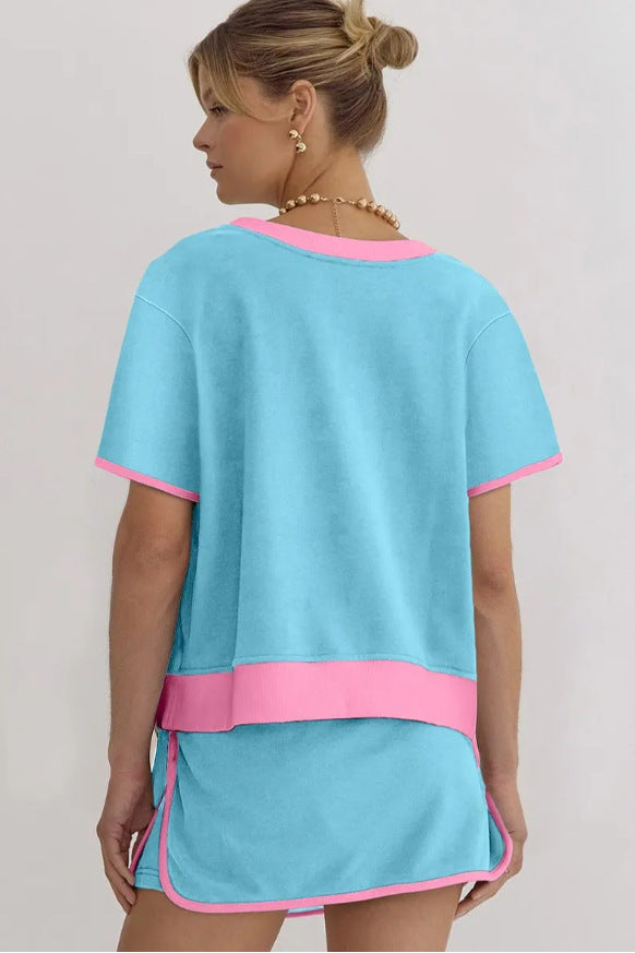 2Pcs Set Colorblock Edge Drop Shoulder T Shirt and Skirt