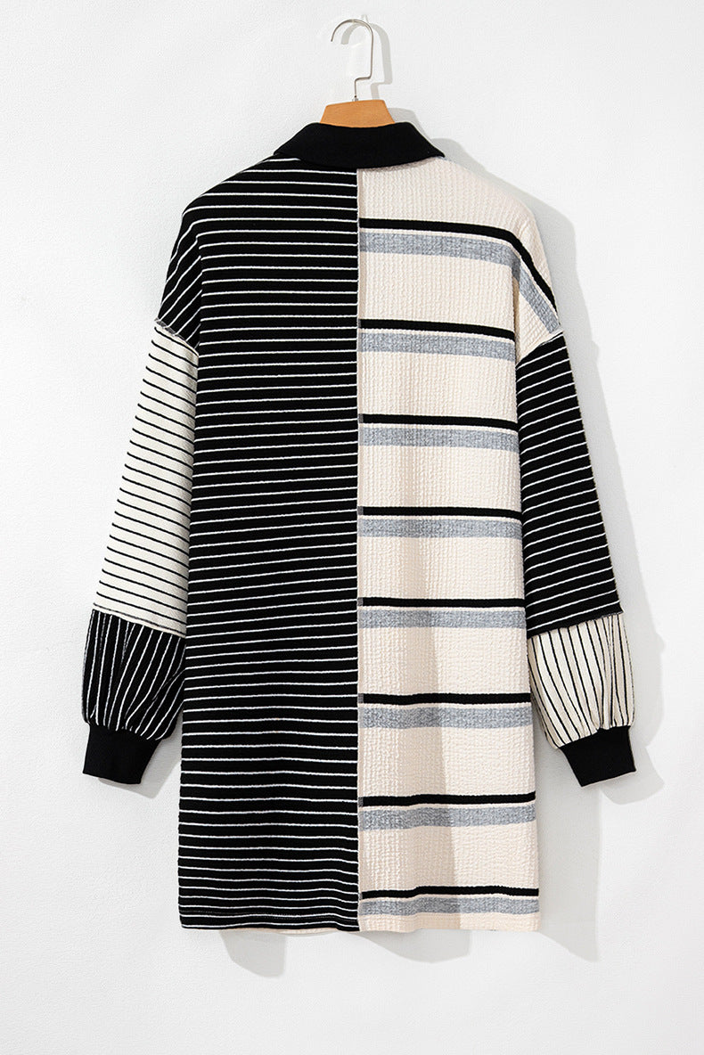 Stripe Knit Henley Collar Shift Mini Dress