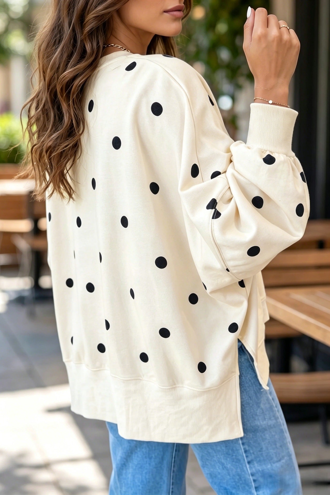 Oversized Color-Block Polka-Dot Print Pullover Sweatshirt