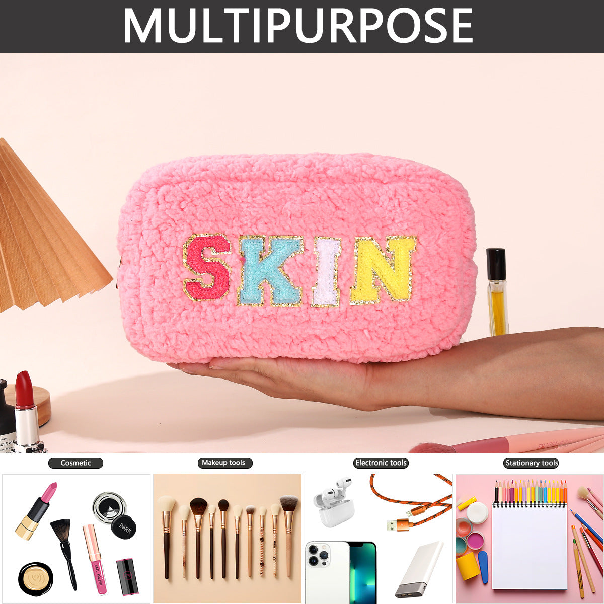 Plush Chenille Embroidered Letter Cosmetic Bag