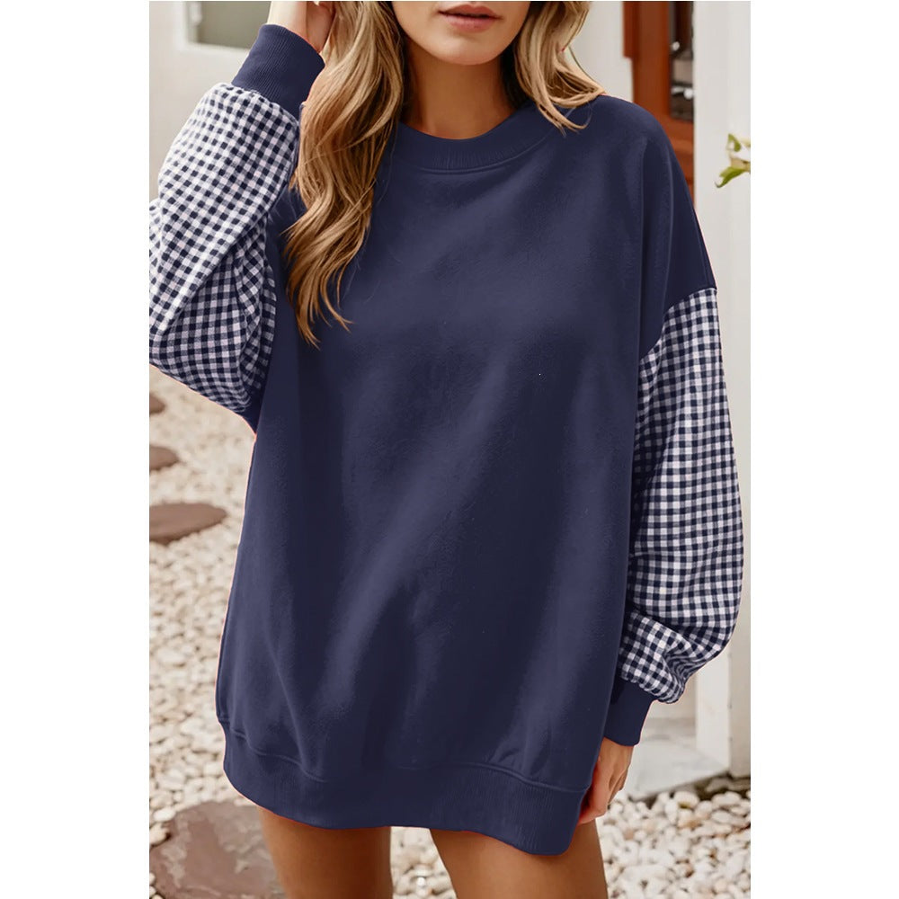 Oversized Gingham Colorblock Long Sleeve Sweatshirt