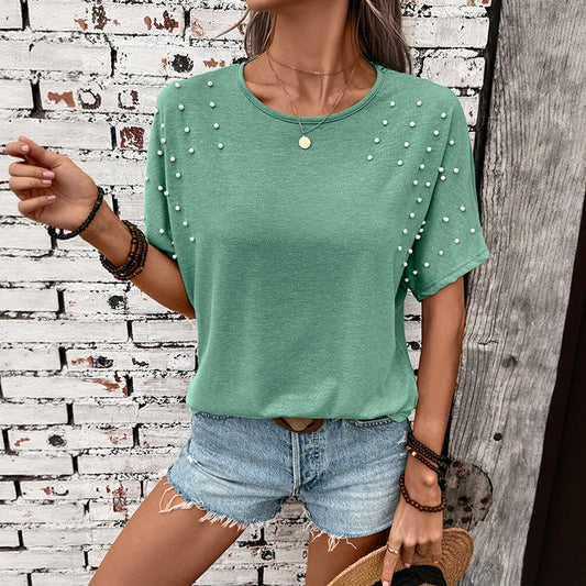 Pearl Decor Lace Applique T Shirt