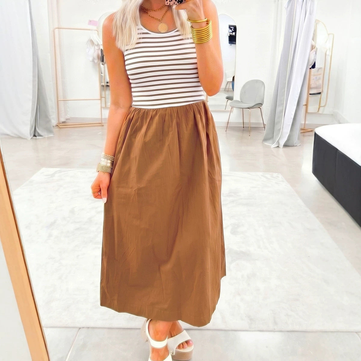 Chestnut Striped Colorblock Patchwork Sleeveless Casual Long Dress