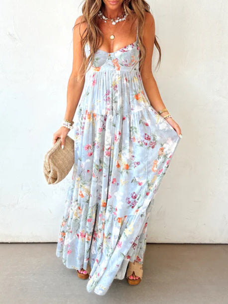 Printed Sleeveless Backless Elegant Camisole Dress