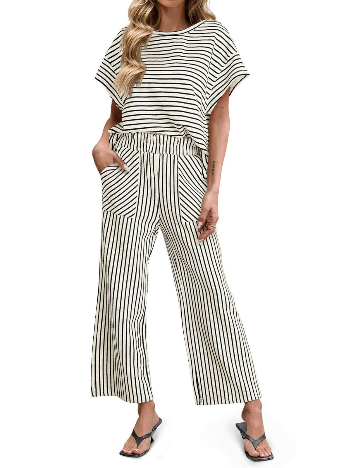 Stripe Round Neck Tee and Pant Set