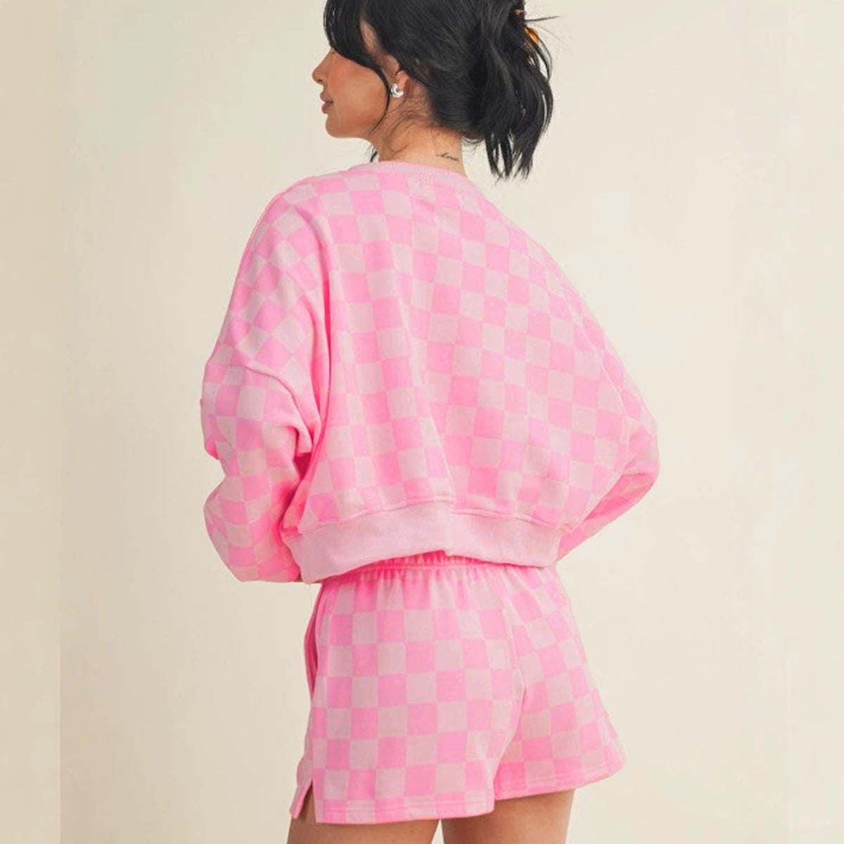Pink Plaid Checkered Long Sleeve Crop Top Elastic Waist Shorts Two Piece Set