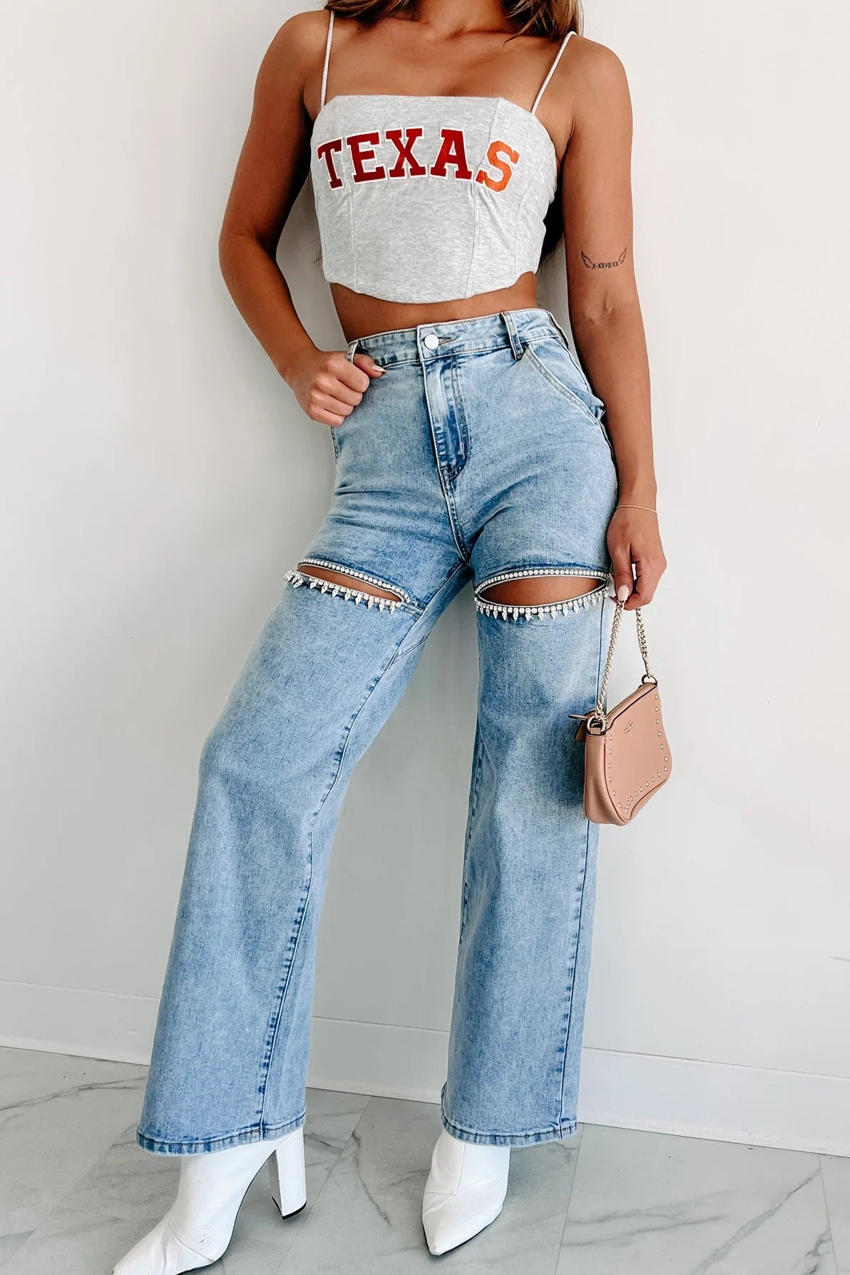 Slit-Front Wide Leg Rhinestone Jeans