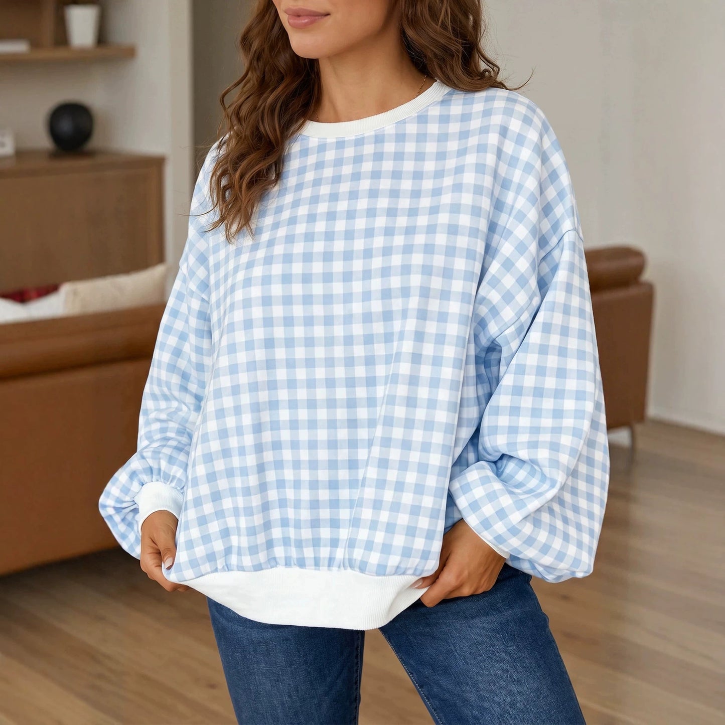 Light Blue Plaid Round Neck Long Sleeve Sweatshirt