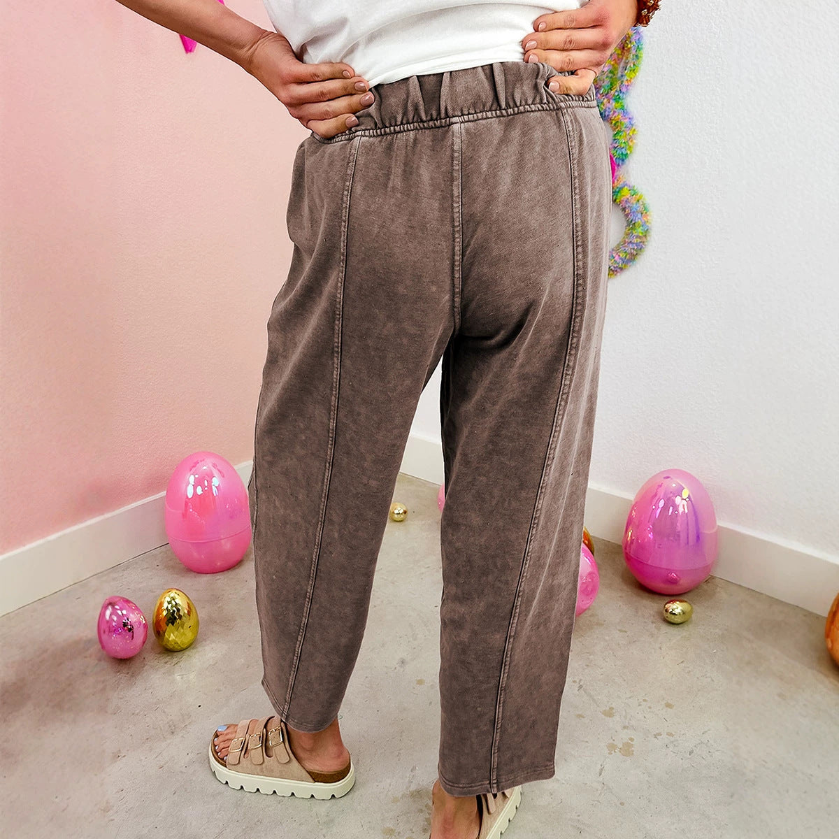 Coffee Mineral Wash Seam Detail Elastic Waist Barrel Pants