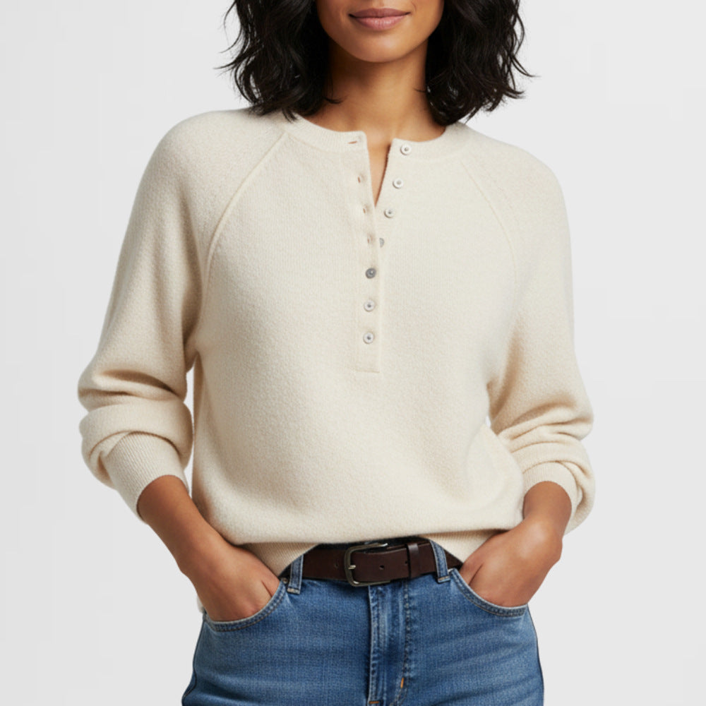 Crew Neck Button Front Knit Pullover