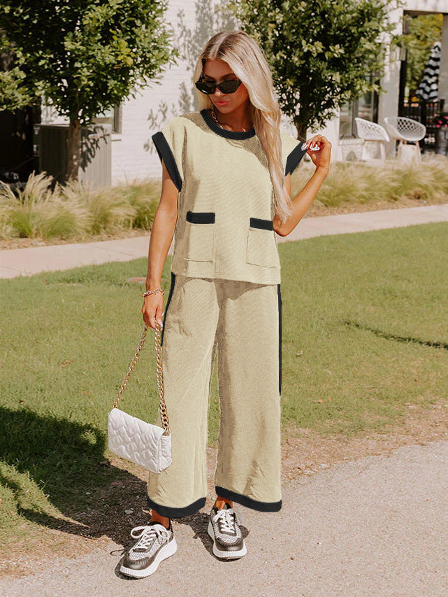 Color Block Pocketed T Shirt and Wide Leg Pants Set