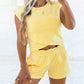 Cream Solid Short Sleeve Elastic Waist Pocket Casual Two Piece Short Set