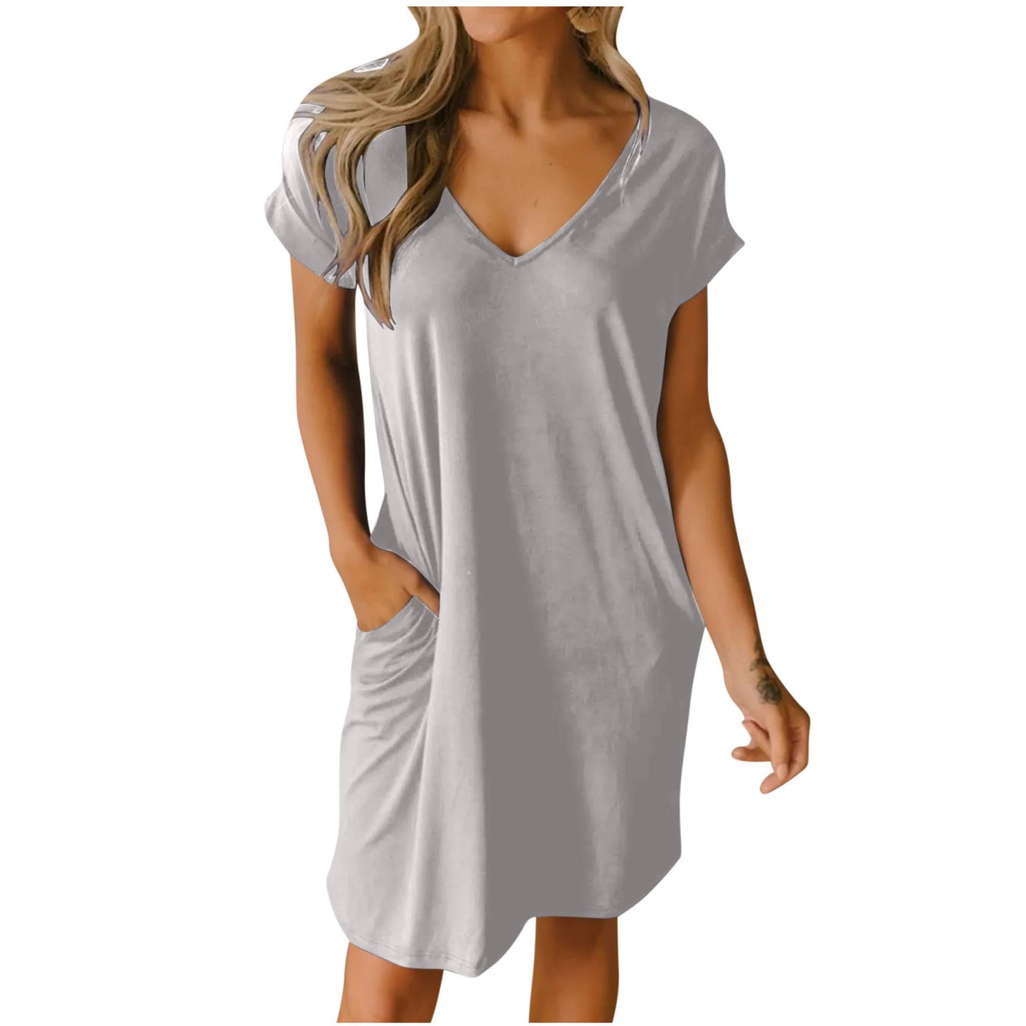 V-neck Short Sleeve Pocket Dress