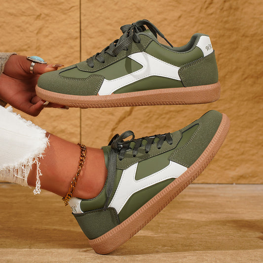 PU Leather Stitched Color Block Casual Lace-Up Sneakers