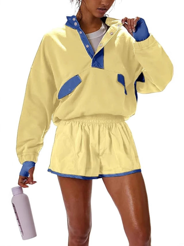 Contrast Color Stitching Long-sleeved Top and Shorts Set(moq2）