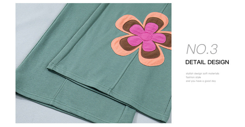 Block Flower Patchwork Drawstring Contrasted Elastic Waist Wide Leg Pants