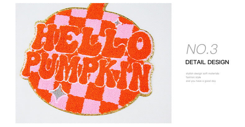 White Terry Halloween Pumpkin Patched Pattern Pullover Sweatshirt